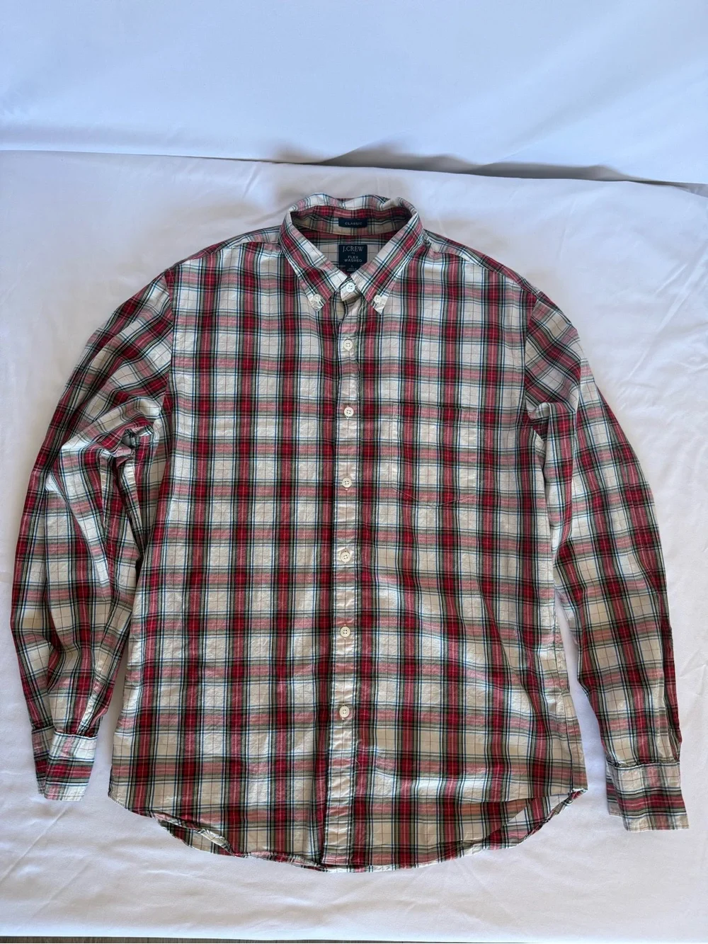 J. Crew Men's Red and Cream Plaid Button-Down Shirt